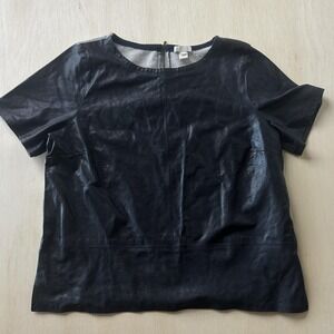 J.Crew Collection Blouse Womens XL Black Leather Front Short Sleeve Top
